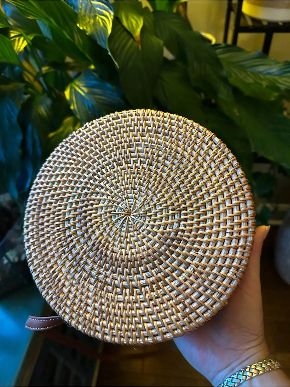 Handwoven Round Rattan Shoulder Bag in Natural Tan